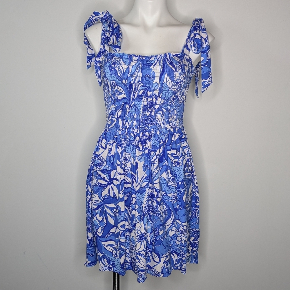 Lilly Pulitzer Blue & White Floral Smocked Tie-Shoulder Romper